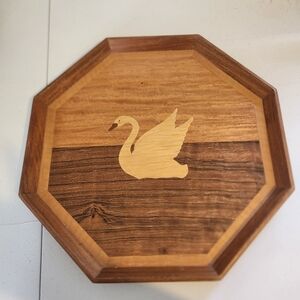 Vintage 70s Wood Inlay Swan Octagonal Tray Rustic Folk Art Eclectic Boho Kitchen